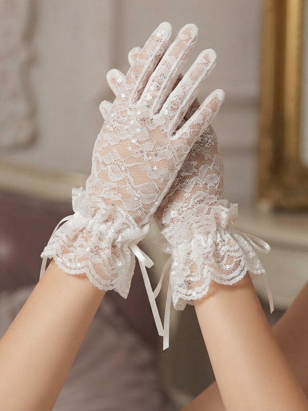 VS embellished  White Lace Gloves